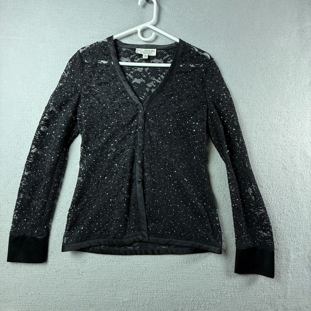 St John Evening Marie Gray Black Lace Beaded Sheer Top Blouse Sz 4 Made in USA